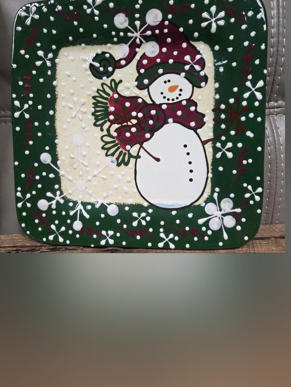 Vintage 2001 Expressly Yours "Snoware" Folk Art Snowman Square Platter 12" B1T